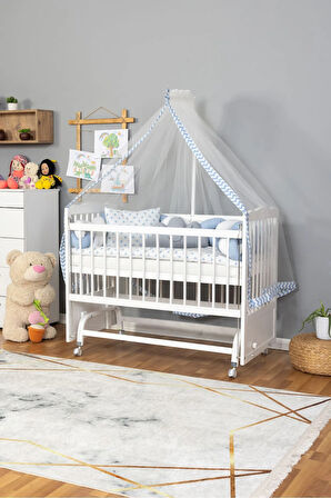 Ahşap Beşik Anne Yanı Beşik Beyaz 60x120 - Mavi Beyaz Örgü Uyku Seti Seti + Yatak + Tekerlekli