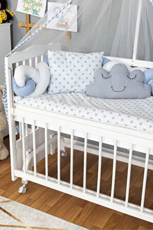 Ahşap Beşik Anne Yanı Beşik Beyaz 60x120 - Mavi Beyaz Örgü Uyku Seti Seti + Yatak + Tekerlekli