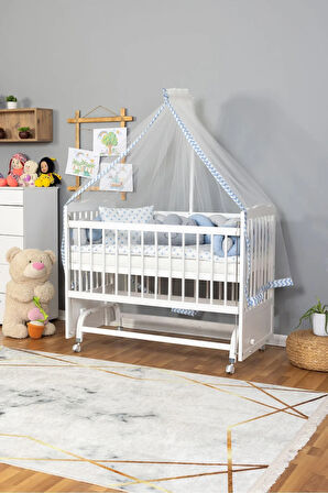 Ahşap Beşik Anne Yanı Beşik Beyaz 60x120 - Mavi Gri Örgü Uyku Seti Seti + Yatak + Tekerlekli