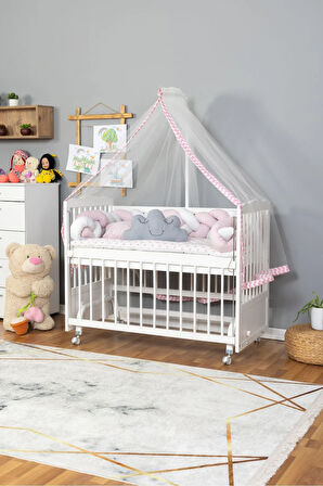 Ahşap Beşik Anne Yanı Beşik Beyaz 60x120 - Pembe Beyaz Örgü Uyku Seti Seti + Yatak + Tekerlekli