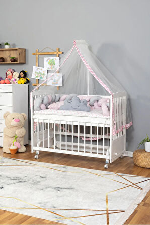 Ahşap Beşik Anne Yanı Beşik Beyaz 60x120 - Pembe Gri Örgü Uyku Seti Seti + Yatak + Tekerlekli