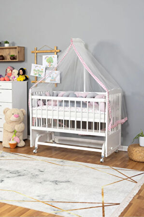Ahşap Beşik Anne Yanı Beşik Beyaz 60x120 - Pembe Gri Örgü Uyku Seti Seti + Yatak + Tekerlekli