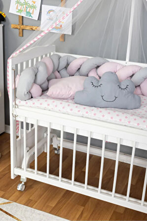 Ahşap Beşik Anne Yanı Beşik Beyaz 60x120 - Pembe Gri Örgü Uyku Seti Seti + Yatak + Tekerlekli