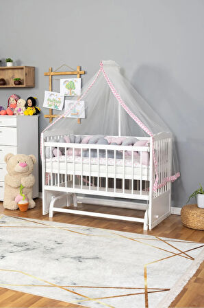 Ahşap Beşik Anne Yanı Beşik Beyaz 60x120 - Pembe Gri Örgü Uyku Seti Seti + Yatak