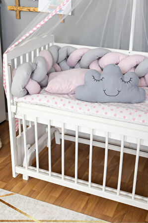 Ahşap Beşik Anne Yanı Beşik Beyaz 60x120 - Pembe Gri Örgü Uyku Seti Seti + Yatak
