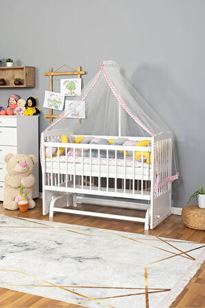 Ahşap Beşik Anne Yanı Beşik Beyaz 60x120 - Pembe Sarı Örgü Uyku Seti Seti + Yatak