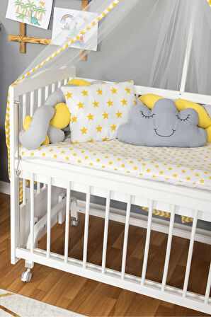Ahşap Beşik Anne Yanı Beşik Beyaz 60x120 - Sarı Gri Örgü Uyku Seti Seti + Yatak + Tekerlekli