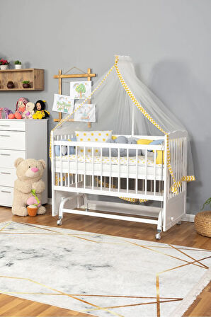 Ahşap Beşik Anne Yanı Beşik Beyaz 60x120 - Sarı Mavi Örgü Uyku Seti Seti + Yatak + Tekerlekli