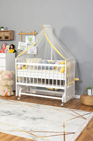 Ahşap Beşik Anne Yanı Beşik Beyaz 60x120 - Sarı Pembe Örgü Uyku Seti Seti + Yatak + Tekerlekli