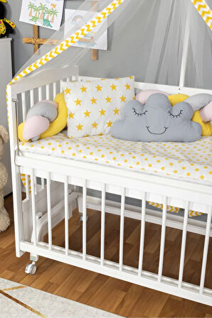 Ahşap Beşik Anne Yanı Beşik Beyaz 60x120 - Sarı Pembe Örgü Uyku Seti Seti + Yatak + Tekerlekli