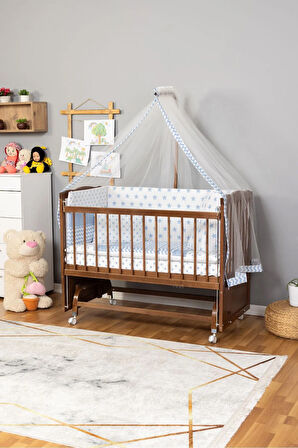 Ahşap Beşik Anne Yanı Beşik Ceviz 60x120 - Mavi Yıldız Tek Yastık Uyku Seti + Yatak + Tekerlekli