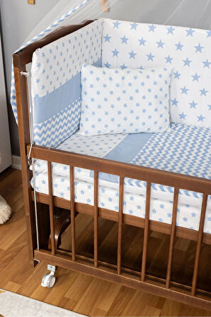 Ahşap Beşik Anne Yanı Beşik Ceviz 60x120 - Mavi Yıldız Tek Yastık Uyku Seti + Yatak + Tekerlekli