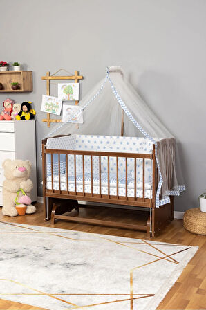 Ahşap Beşik Anne Yanı Beşik Ceviz 60x120 - Mavi Yıldız Tek Yastık Uyku Seti + Yatak