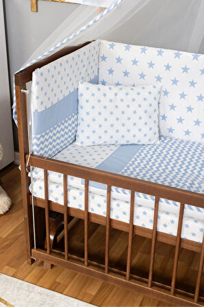 Ahşap Beşik Anne Yanı Beşik Ceviz 60x120 - Mavi Yıldız Tek Yastık Uyku Seti + Yatak