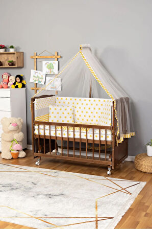 Ahşap Beşik Anne Yanı Beşik Ceviz 60x120 - Sarı Yıldız Tek Yastık Uyku Seti + Yatak + Tekerlekli