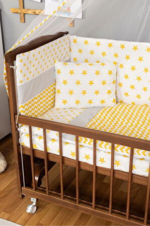 Ahşap Beşik Anne Yanı Beşik Ceviz 60x120 - Sarı Yıldız Tek Yastık Uyku Seti + Yatak + Tekerlekli