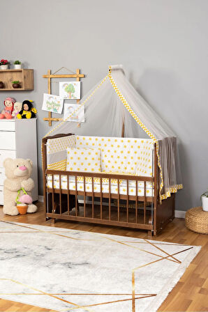 Ahşap Beşik Anne Yanı Beşik Ceviz 60x120 - Sarı Yıldız Tek Yastık Uyku Seti + Yatak