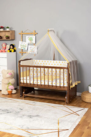 Ahşap Beşik Anne Yanı Beşik Ceviz 60x120 - Sarı Yıldız Tek Yastık Uyku Seti + Yatak