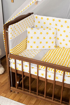 Ahşap Beşik Anne Yanı Beşik Ceviz 60x120 - Sarı Yıldız Tek Yastık Uyku Seti + Yatak