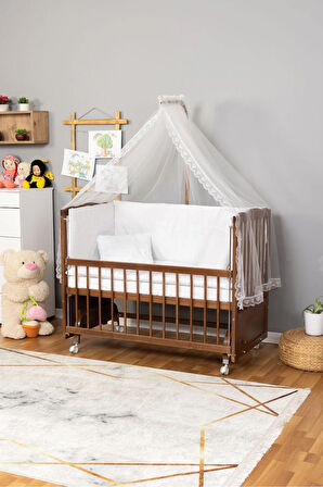 Ahşap Beşik Anne Yanı Beşik Ceviz 60x120 - Beyaz Güpür Uyku Seti + Yatak + Tekerlekli