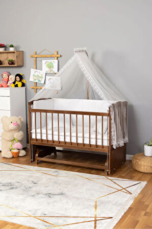 Ahşap Beşik Anne Yanı Beşik Ceviz 60x120 - Beyaz Güpür Uyku Seti + Yatak