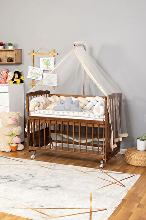 Ahşap Beşik Anne Yanı Beşik Ceviz 60x120 - Krem Beyaz Örgü Uyku Seti Seti + Yatak + Tekerlekli