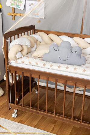 Ahşap Beşik Anne Yanı Beşik Ceviz 60x120 - Krem Beyaz Örgü Uyku Seti Seti + Yatak + Tekerlekli