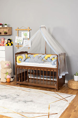 Ahşap Beşik Anne Yanı Beşik Ceviz 60x120 - Mavi Sarı Örgü Uyku Seti Seti + Yatak