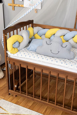 Ahşap Beşik Anne Yanı Beşik Ceviz 60x120 - Mavi Sarı Örgü Uyku Seti Seti + Yatak