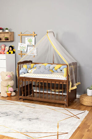 Ahşap Beşik Anne Yanı Beşik Ceviz 60x120 - Sarı Mavi Örgü Uyku Seti Seti + Yatak
