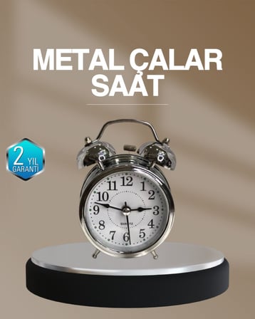 Dekoratif Yuvarlak Gümüş Sessiz Işıklı Masa Üstü Çalar Saat Alarmlı ve Şık Tasarım