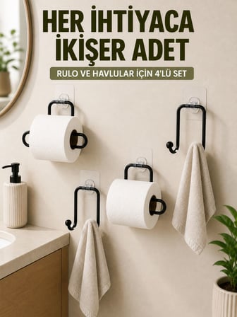 Yapışkanlı Banyo Düzenleme Seti 2 Rulo Tutucu 2 Havlu Askılığı 4 Parça