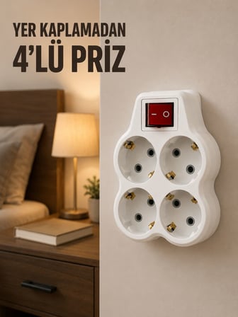 4’lü Priz Çoğaltıcı Açma Kapama Anahtarlı Kablosuz Duvar Tipi Priz Adaptörü