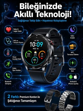 Çift Kordonlu Yüksek Çözünürlüklü Akıllı Saat Uyku İzleyici & Spor Modları