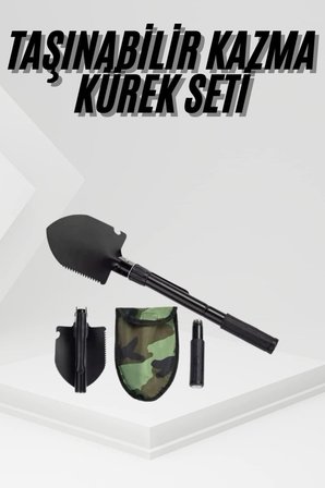 Katlanır Portatif Kazma Kürek Seti Portatif Çelik Taşıma Çantalı Pusulalı