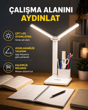 Kısılabilir LED Masa Lambası – Kalemlik ve Telefon Standlı, Göz Yormayan Işık Yeni Nesil