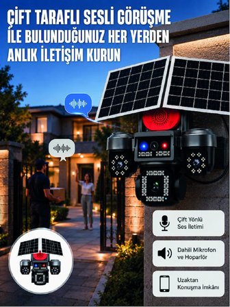 LED Projektörlü Sirenli Güneş Enerjili Akıllı Güvenlik Kamerası