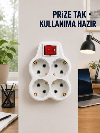 Anahtarlı 4’lü Priz Adaptörü Direkt Prize Takılan Kompakt Priz Çoklayıcı