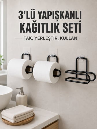 3’lü Siyah Duvar Tipi Kağıtlık Seti Yapışkanlı Pratik Rulo Tutucu