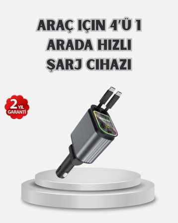 Araç Şarj Cihazı 4 Portlu 66W Hızlı Şarjlı LED Işıklı ve 180° Dönebilir