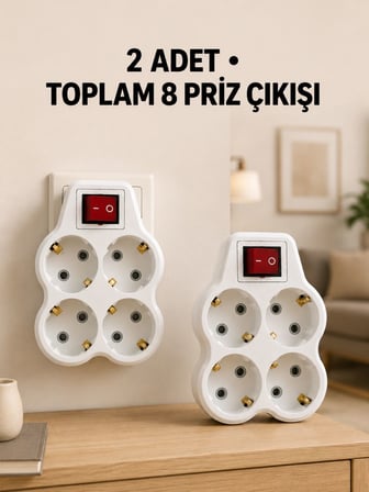 4’lü Priz Çoğaltıcı 2 Adet Set Kablosuz Duvar Tipi Anahtarlı Priz Çoklayıcı