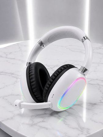 Bluetooth 5.0 Beyaz Kulak Üstü Kablosuz Kulaklık Mikrofonlu RGB Aydınlatmalı