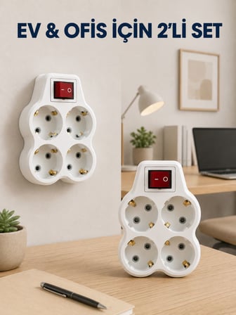 Kablosuz Duvar Tipi Priz Çoğaltıcı 4 Çıkışlı Anahtarlı 2 Adet Avantajlı Set