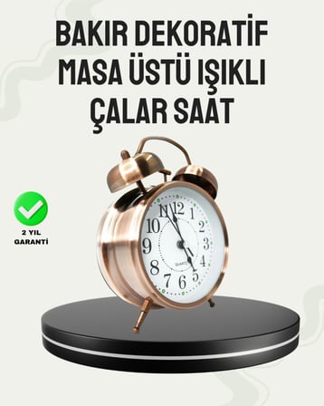 Nostaljik Büyük Boy Metal Masa Saati Bronz Kaplama ve Yüksek Sesli Alarm