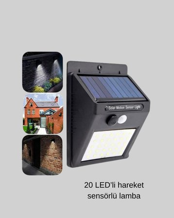 Güneş Enerjili 20 Led Hareket Sensörlü Lamba – İp65 Su Geçirmez Dış Mekan Aydınlatma