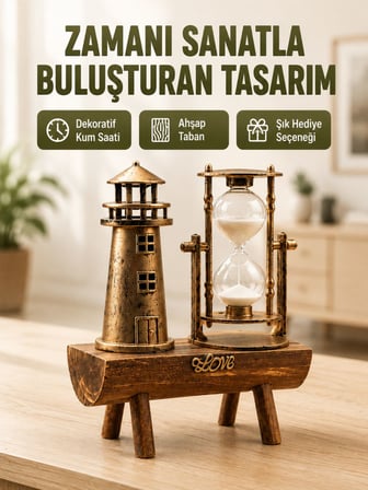 Vintage Kum Saati + Deniz Feneri Modeli – Ahşap Gövdeli Masa Üstü Dekor Yeni Nesil