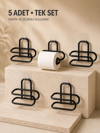 Delmeden Monte Tuvalet Kağıdı Askısı Siyah Metal Yapışkanlı Banyo Kağıtlığı 5’li Set