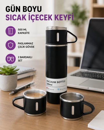 500 ml Isı Korumalı Çelik Termos ve Bardak Seti | Silikon Tabanlı, Şık ve Pratik