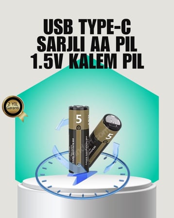 Tekrar Şarj Edilebilir AA USB Type-C Pil | 1000+ Döngü | 1.5V Sabit Voltaj