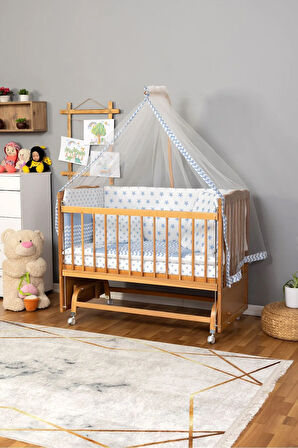 Ahşap Beşik Anne Yanı Beşik (Vernikli) 60x120 - Mavi Yıldız Tek Yastık Uyku Seti+Yatak+Tekerlekli